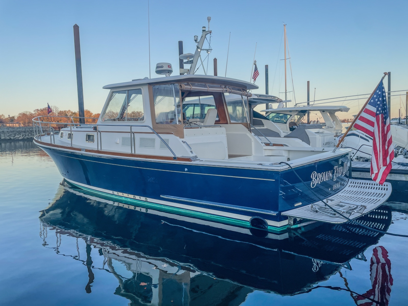2001 Grand Banks Eastbay 38HX port hind quarter at dock