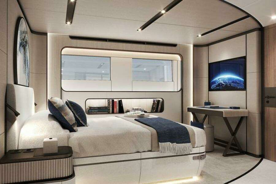Luxurious 2026 Majesty 145 yacht bedroom with modern decor and ocean view.