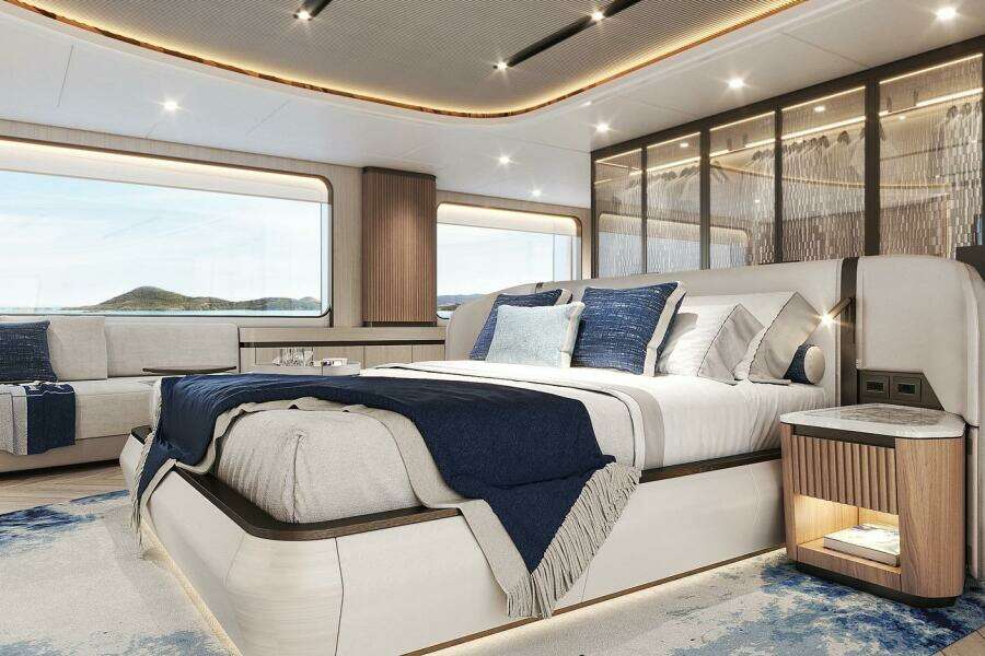 Luxurious bedroom interior on 2026 Majesty 145 yacht, featuring elegant design and ocean views.