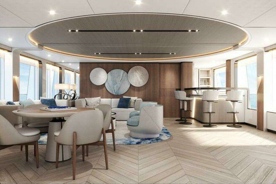 Luxurious interior of 2026 Majesty 145 yacht with modern decor and elegant furnishings.