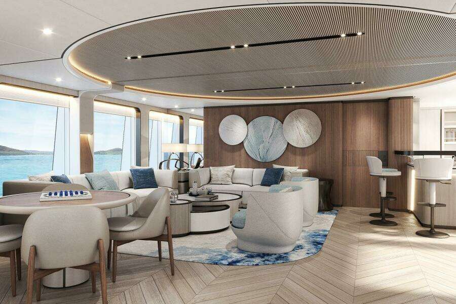 Luxurious interior of 2026 Majesty 145 yacht, featuring elegant seating and modern decor.