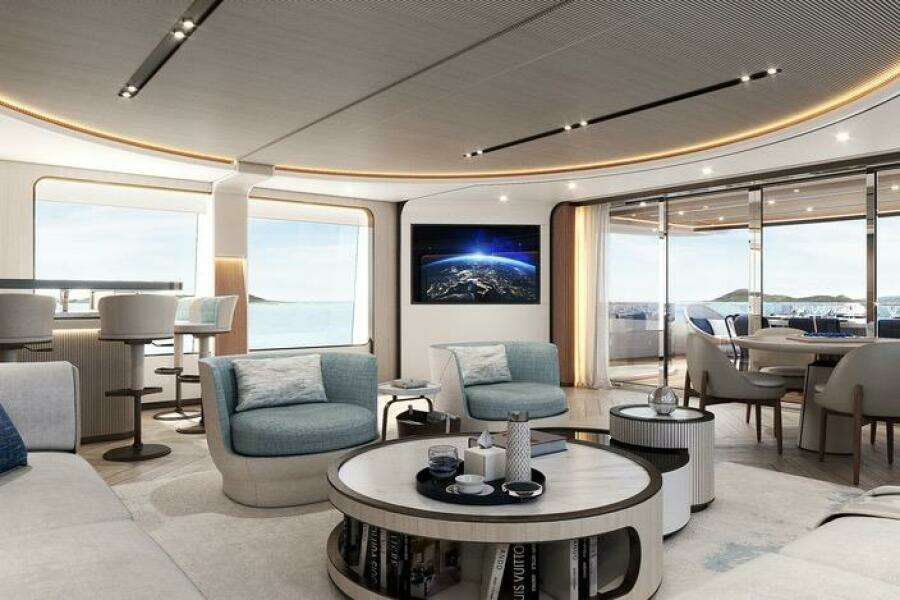 Luxurious interior of 2026 Majesty 145 yacht with modern seating and ocean view.
