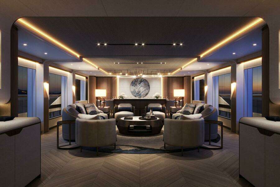 Luxurious interior of 2026 Majesty 145 yacht, featuring elegant seating and ambient lighting.