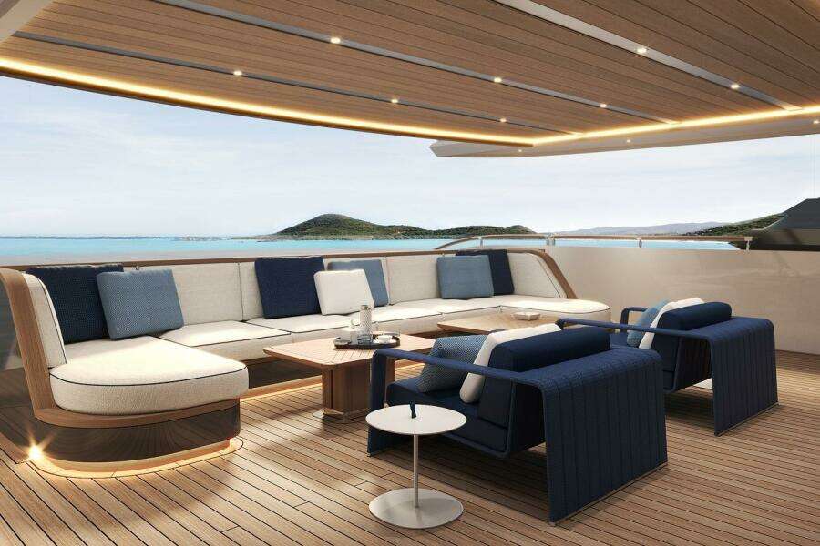 Luxurious 2026 Majesty 145 yacht deck with elegant seating and ocean view.