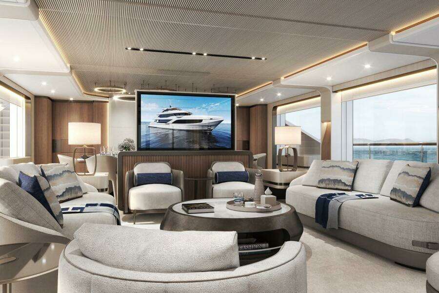 Luxurious 2026 Majesty 145 yacht interior with modern decor and large windows.