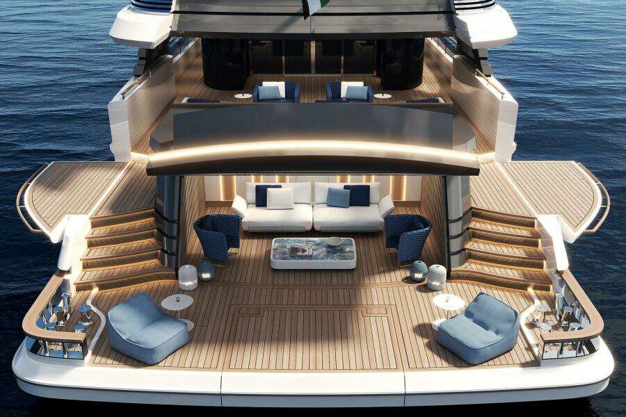 Luxurious 2026 Majesty 145 yacht deck with elegant seating and ocean view.