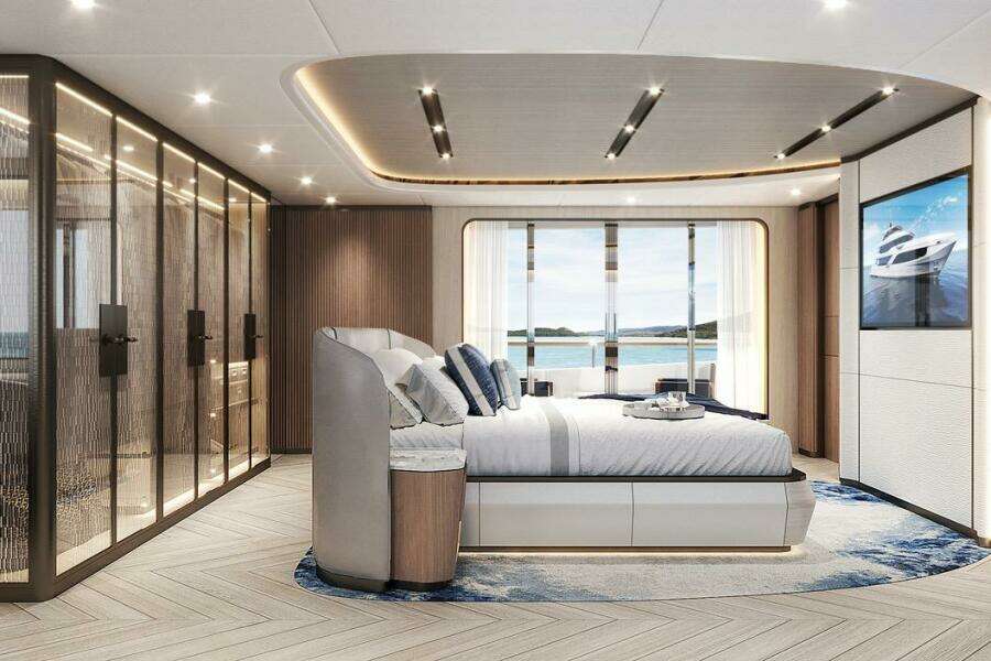 Luxurious 2026 Majesty 145 yacht bedroom with modern design and ocean view.