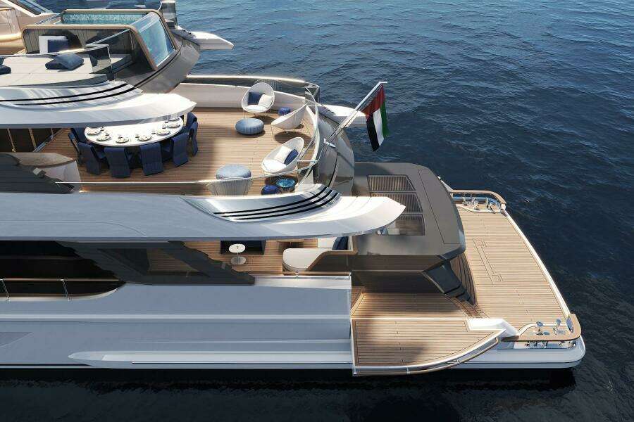 Luxurious 2026 Majesty 145 yacht with elegant deck and seating area on the water.