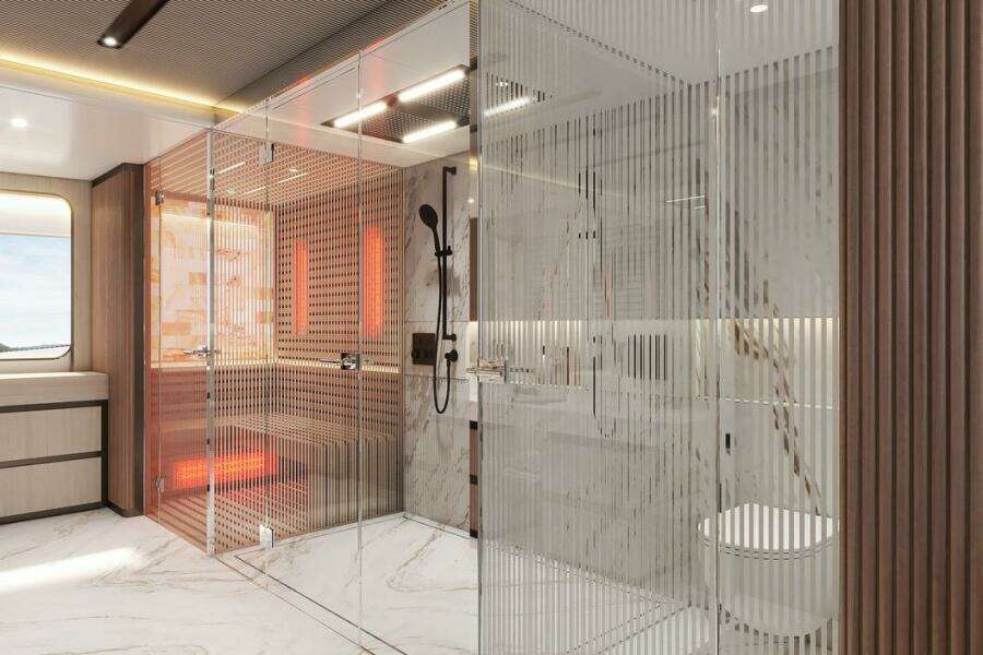 Luxurious yacht bathroom with glass shower, modern fixtures, and elegant marble design, Majesty 145, 2026.