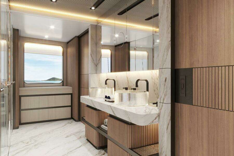 Luxurious 2026 Majesty 145 yacht bathroom with marble accents and ocean view.