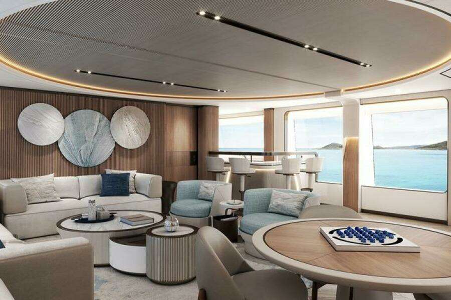 Luxurious interior of 2026 Majesty 145 yacht with elegant seating and ocean views.