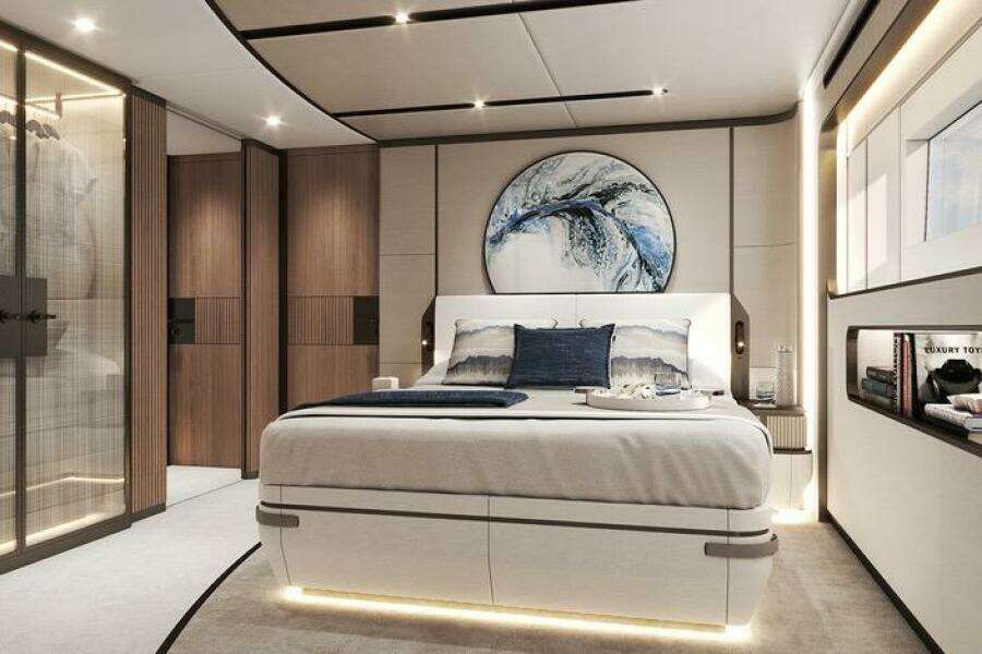 Luxurious bedroom interior on 2026 Majesty 145 yacht, featuring modern design and elegant decor.