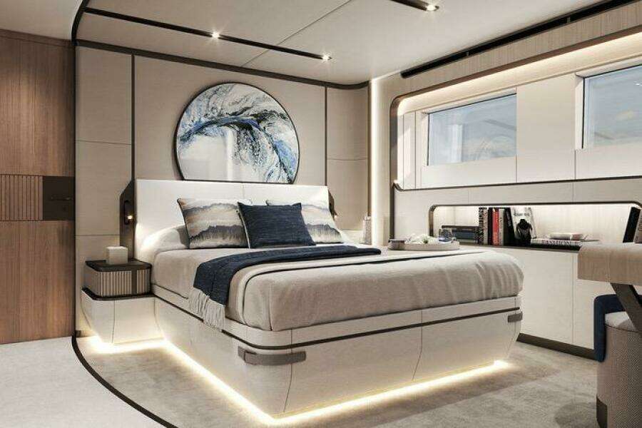 Luxurious 2026 Majesty 145 yacht bedroom with modern decor and ambient lighting.