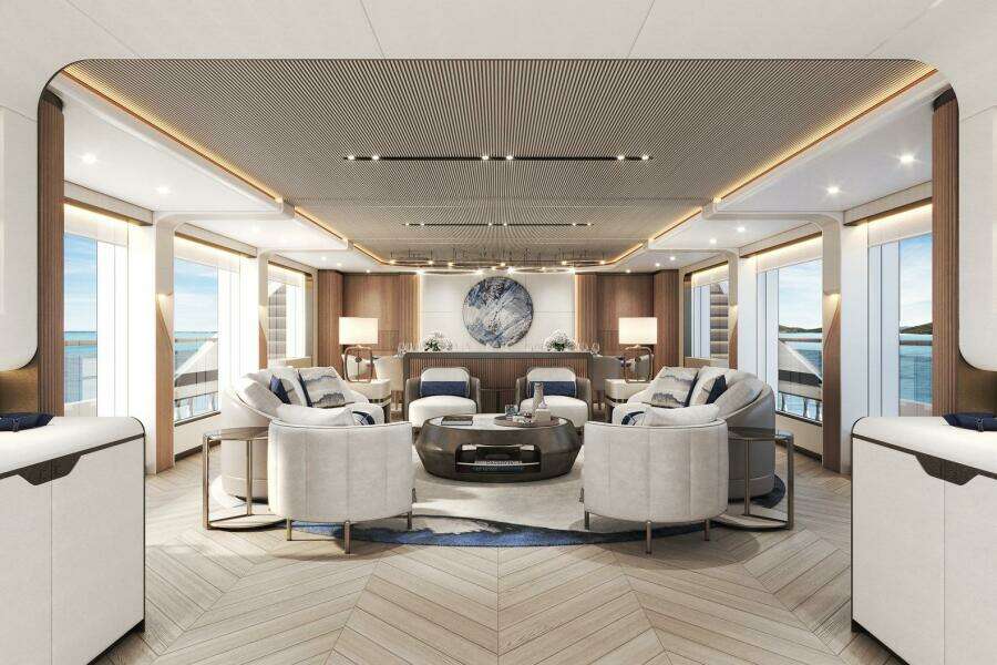 Luxurious interior of 2026 Majesty 145 yacht with elegant seating and panoramic windows.
