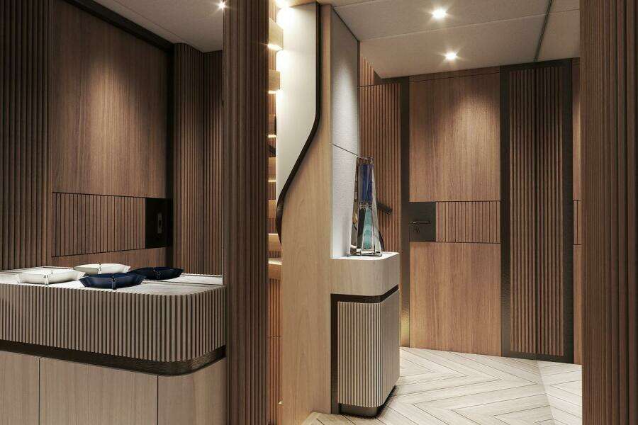 Luxurious interior of 2026 Majesty 145 yacht with elegant wood paneling and modern design.