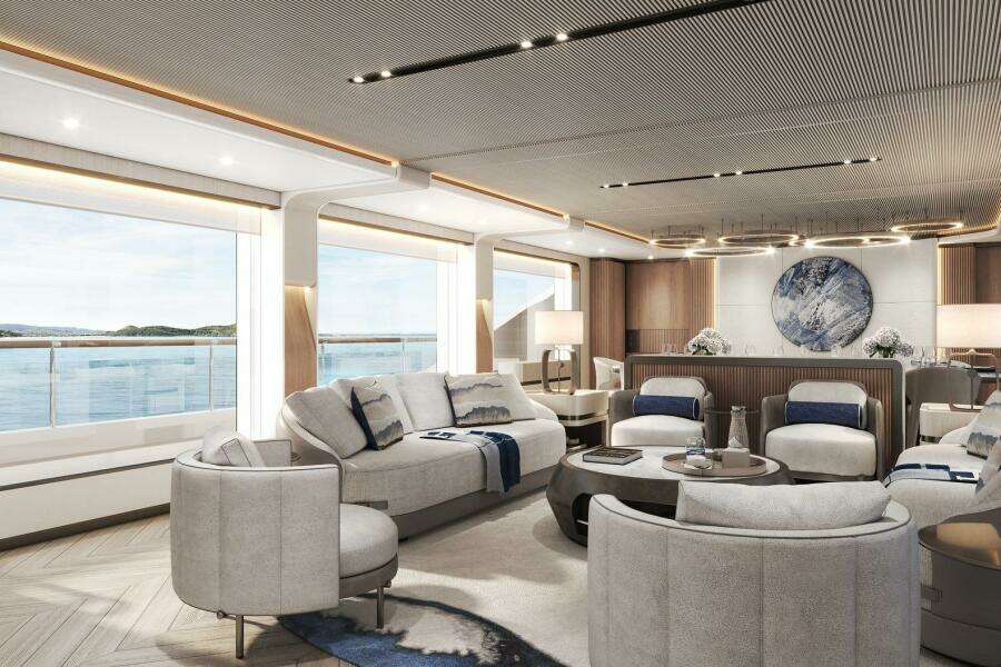 Luxurious interior of 2026 Majesty 145 yacht with elegant seating and ocean view.