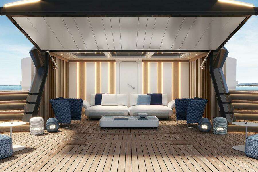 Luxurious deck lounge on 2026 Majesty 145 yacht with modern seating and ambient lighting.