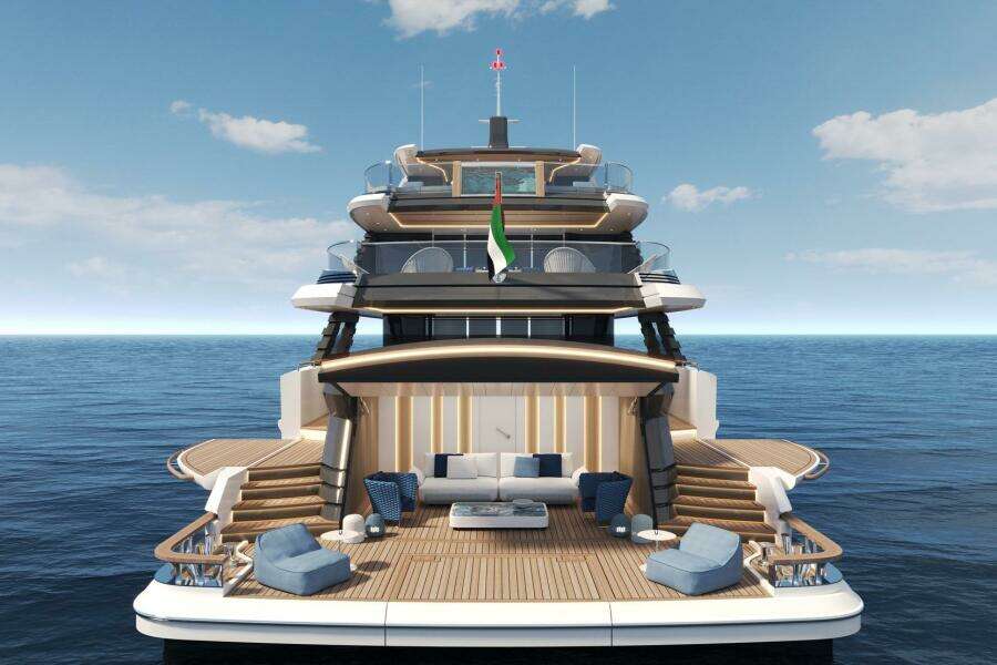 Luxurious 2026 Majesty 145 yacht with elegant deck seating, cruising on open sea.