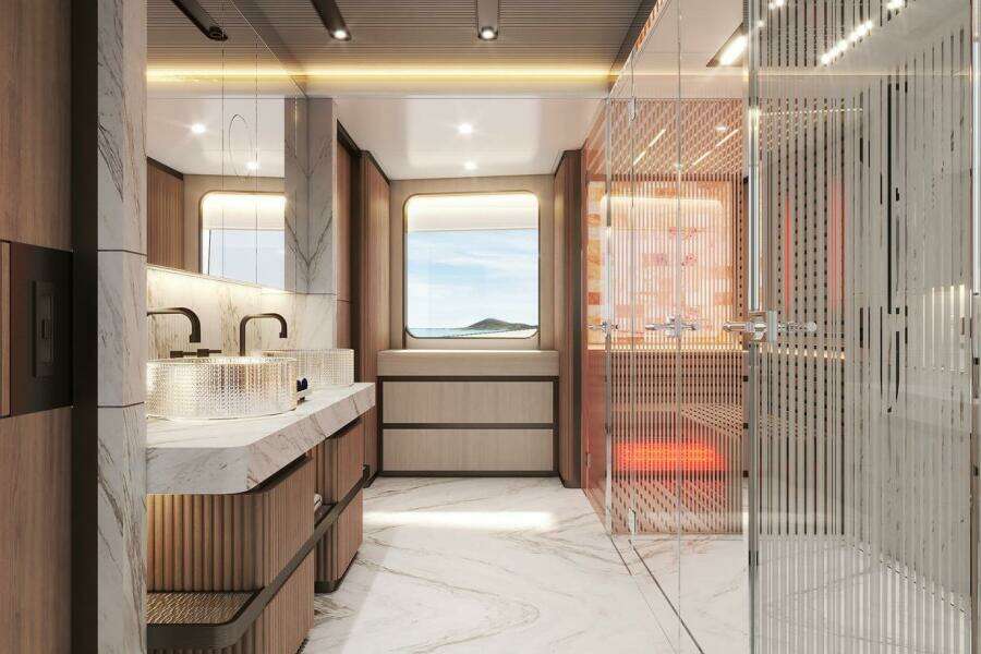Luxurious Majesty 145 yacht interior, featuring elegant marble and wood finishes, 2026 model.