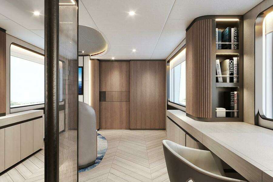 Luxurious interior of 2026 Majesty 145 yacht with modern design and elegant furnishings.