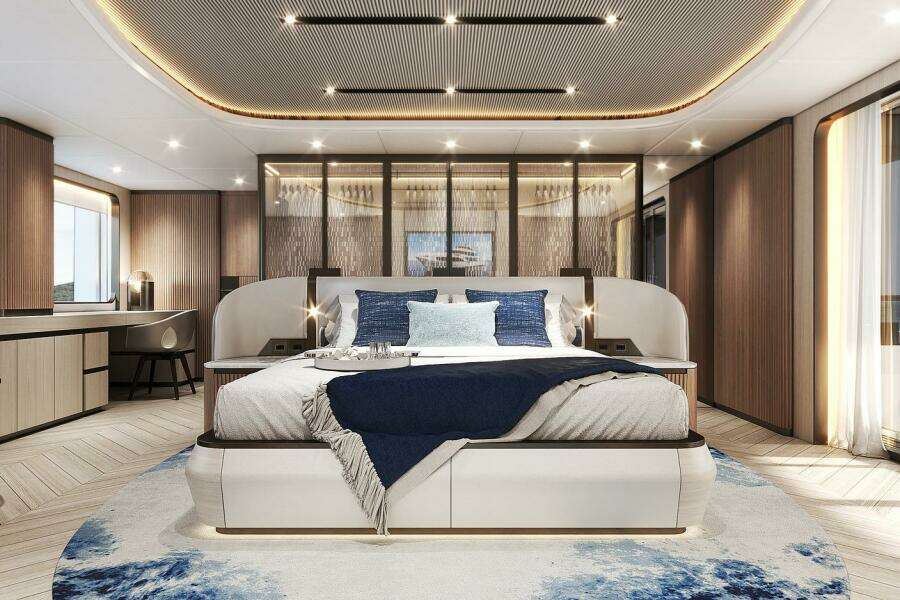 Luxurious bedroom interior on 2026 Majesty 145 yacht, featuring elegant design and modern amenities.