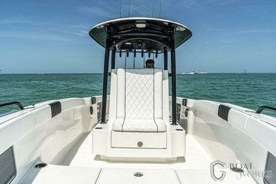 2022 CG Boat Works 35 M-Series on open water, featuring sleek design and luxurious seating.