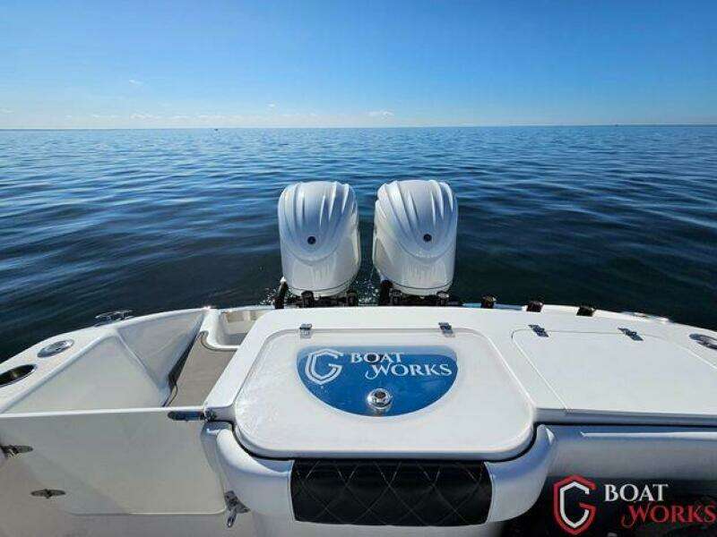 2022 CG Boat Works 35 M-Series on calm ocean with dual engines.