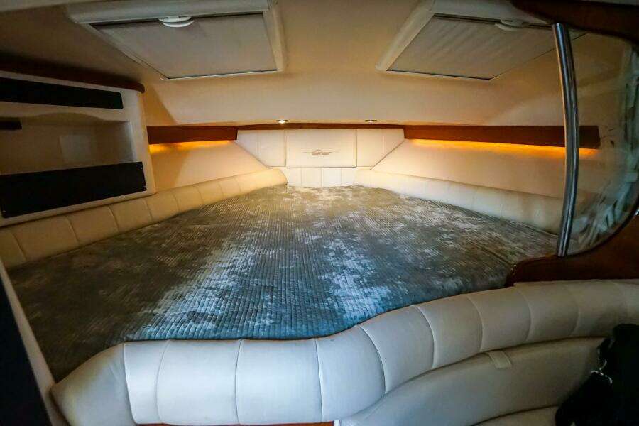 2007 Grady-White Express 360 cabin interior with plush seating and ambient lighting.