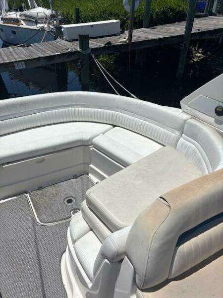 Control panel of a 2007 Monterey 350 Sport Yacht with steering wheel and gauges.