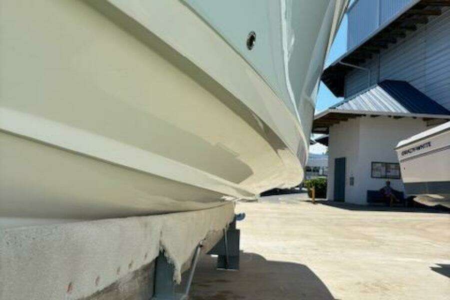 2018 Century 2600 Center Console boat on dry dock, side view.