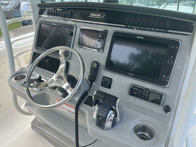 2014 Boston Whaler 350 Outrage Helm from Starboard with electronics uncovered
