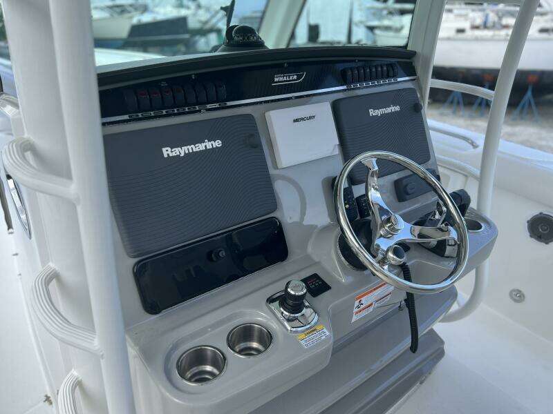 2014 Boston Whaler 350 Outrage Helm from Port with all Electronics Covers on