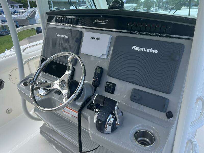 2014 Boston Whaler 350 Outrage Helm from Starboard with all Electronics Covers on
