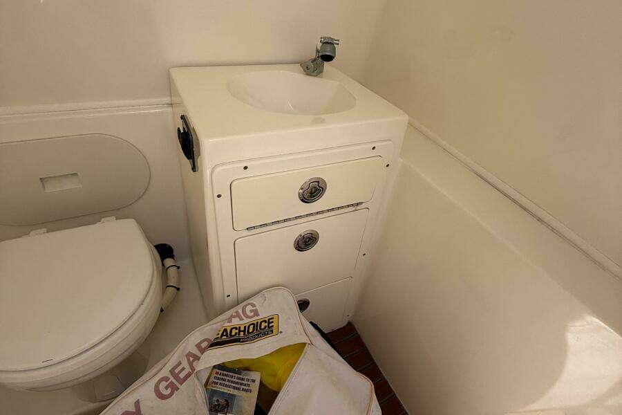 2015 Cobia 296 Center Console boat bathroom with sink and storage.