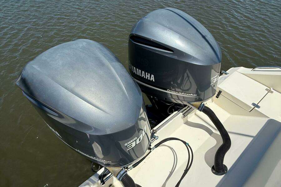 Twin Yamaha outboard engines on a 2015 Cobia 296 Center Console boat.