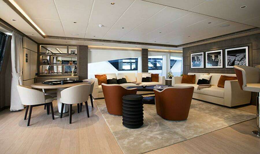 Luxurious 2020 Majesty 140 yacht interior with elegant seating and modern decor.
