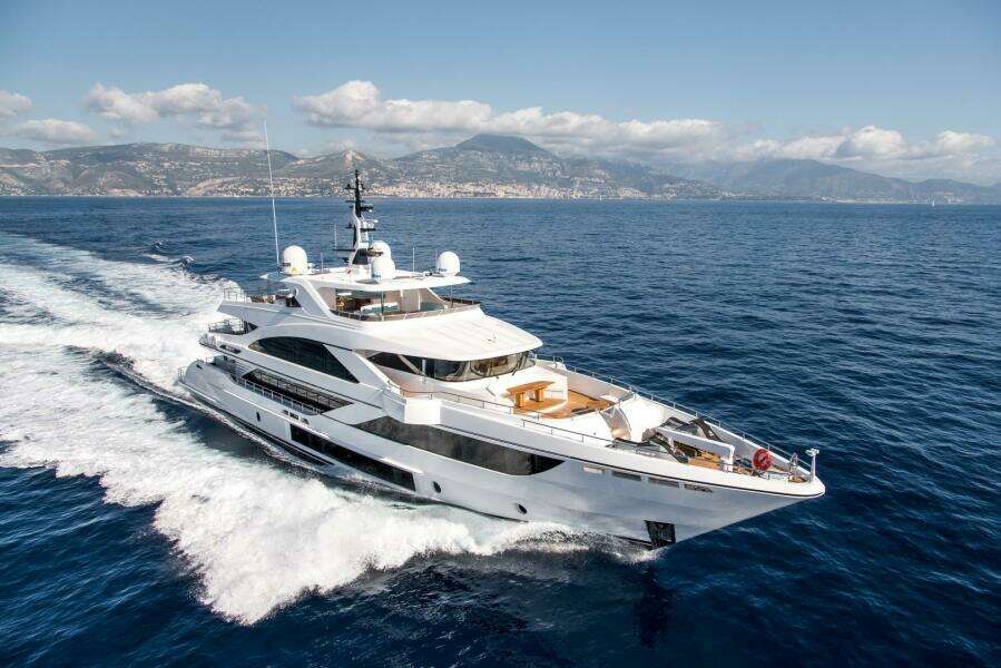 Luxury Majesty 140 yacht cruising on open sea, 2020 model.