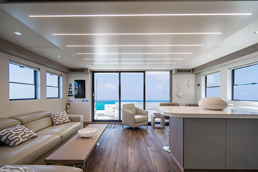 2017 Overblue 58 Powercat Aft View from Salon