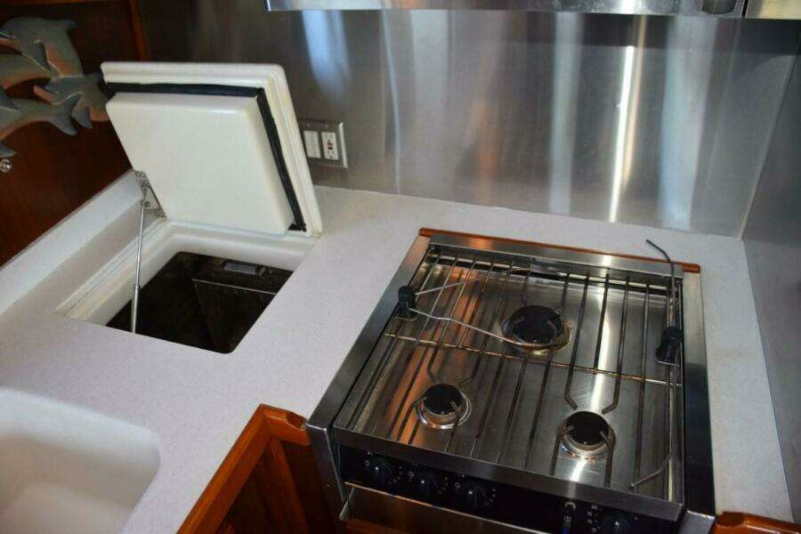 Top load counter cold plate freezer, gas range, teak spill railings