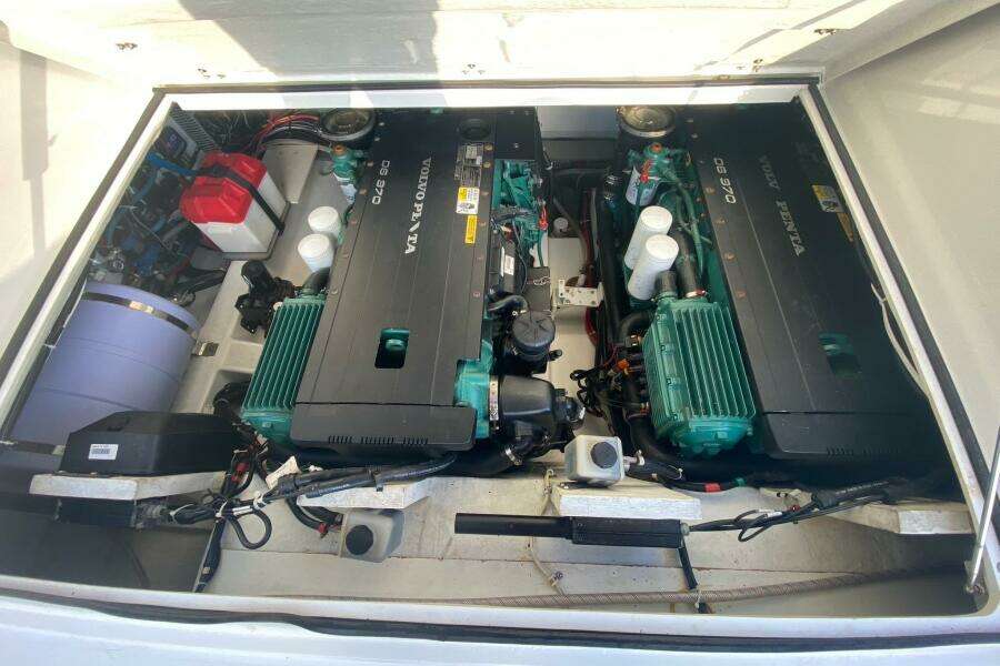 Engine compartment of 2014 Beneteau Gran Turismo 44 with Volvo Penta engines.