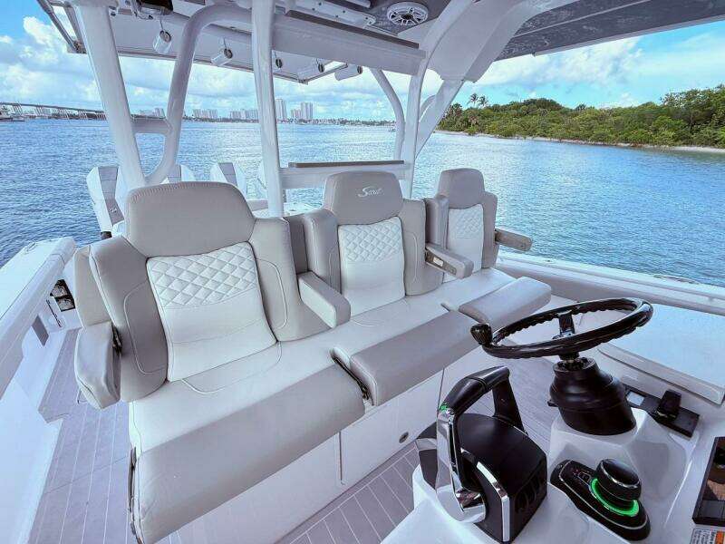 2024 Scout 400 LXF boat interior with luxurious seating and modern controls.