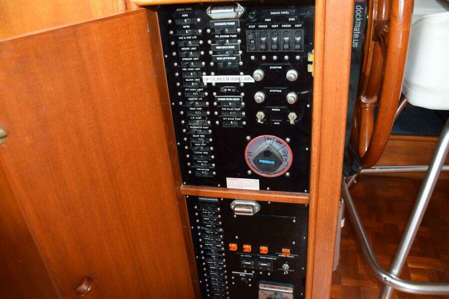 Electrical Control Panel On A 1997 Grand Banks Classic Boat.