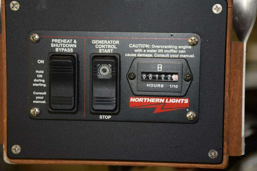1997 Grand Banks Classic Generator Control Panel With Hour Meter And Caution Label.