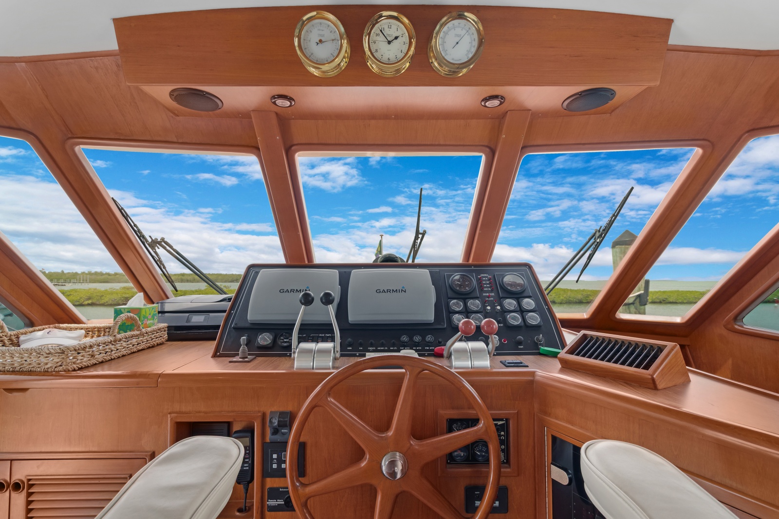 Pilothouse Helm With Overhead Barometer, Clock, And Thermometer