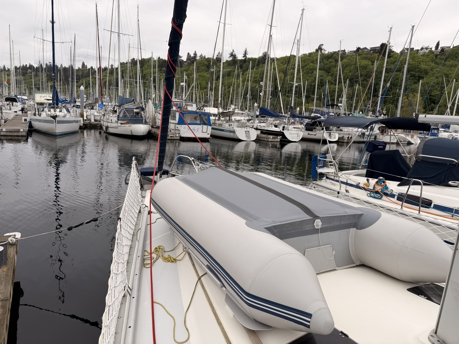 Hunter 37.5 foredeck w/ West Marine dinghy