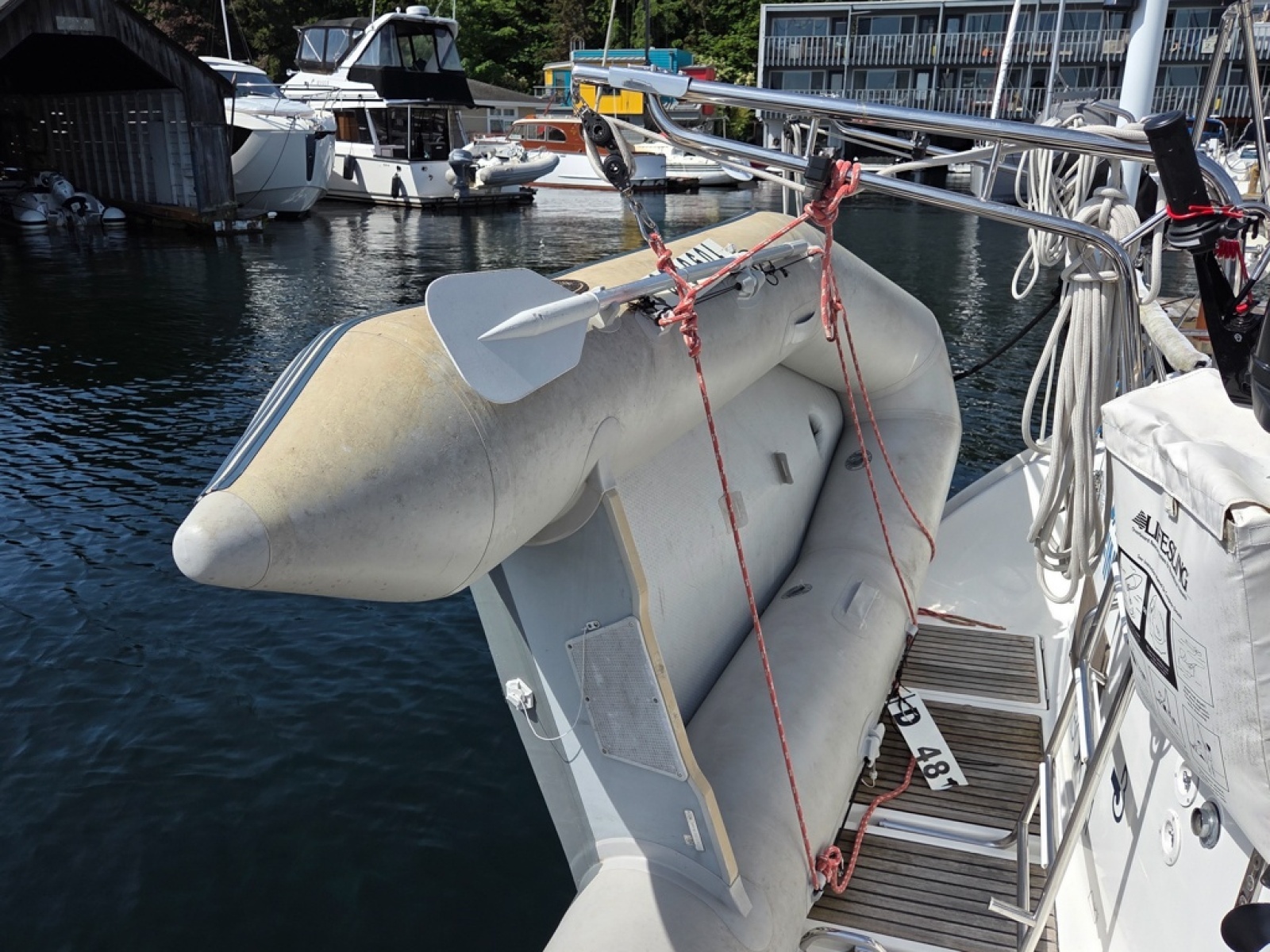 Inflatable dinghy secured on a 2000 Beneteau Oceanis 411 