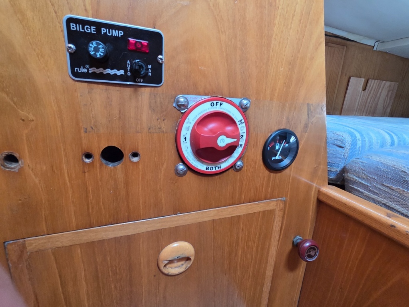 Main battery switch, bilge pump, and fuel level