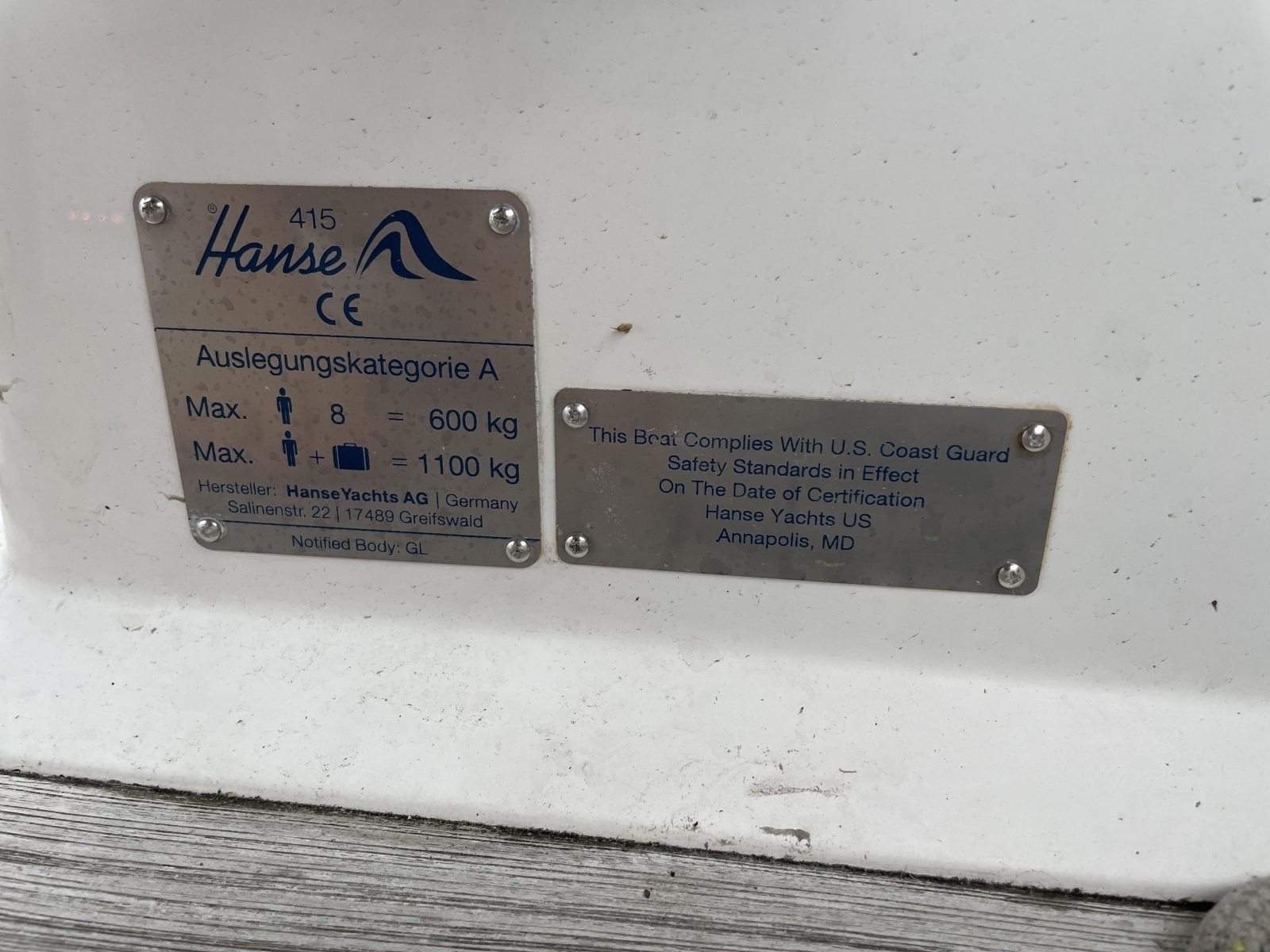 2014 Hanse 415 plaque 