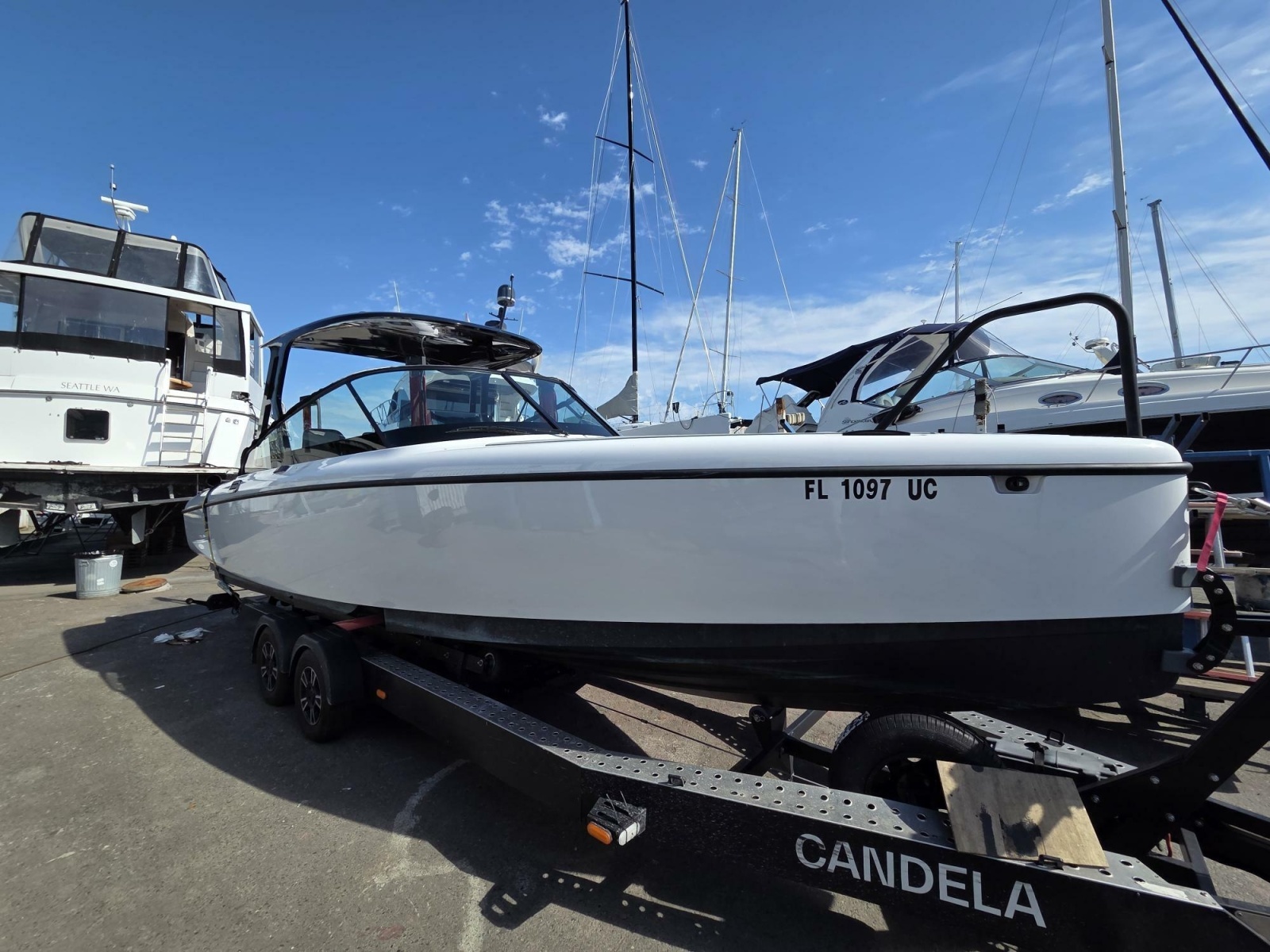 Candela C-8 T-top on its trailer