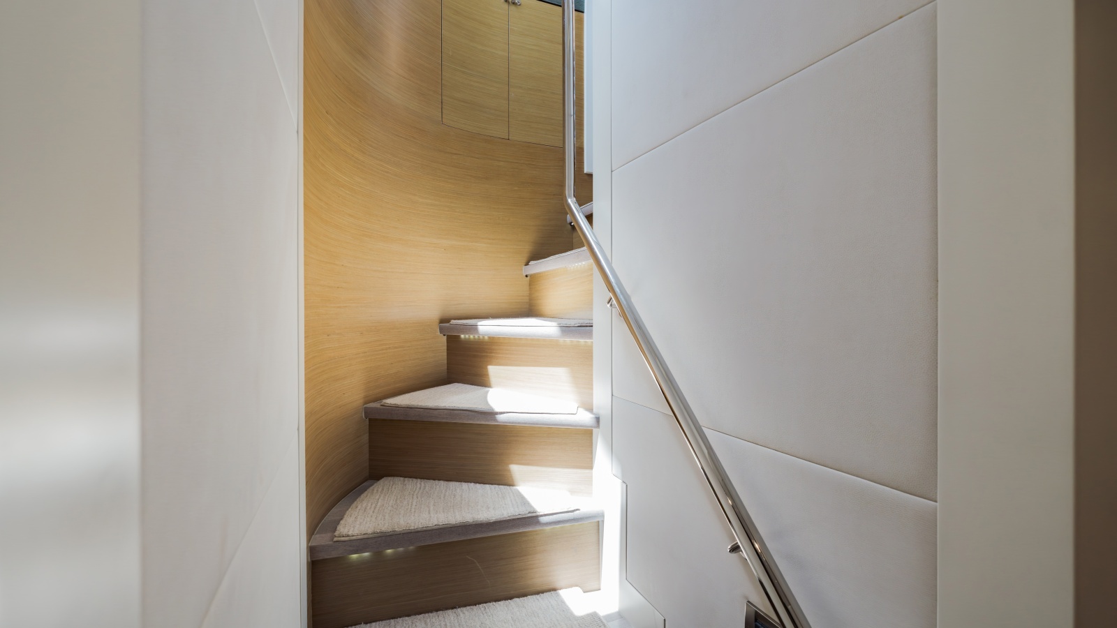 Lower helm and galley area steps to forward cabins